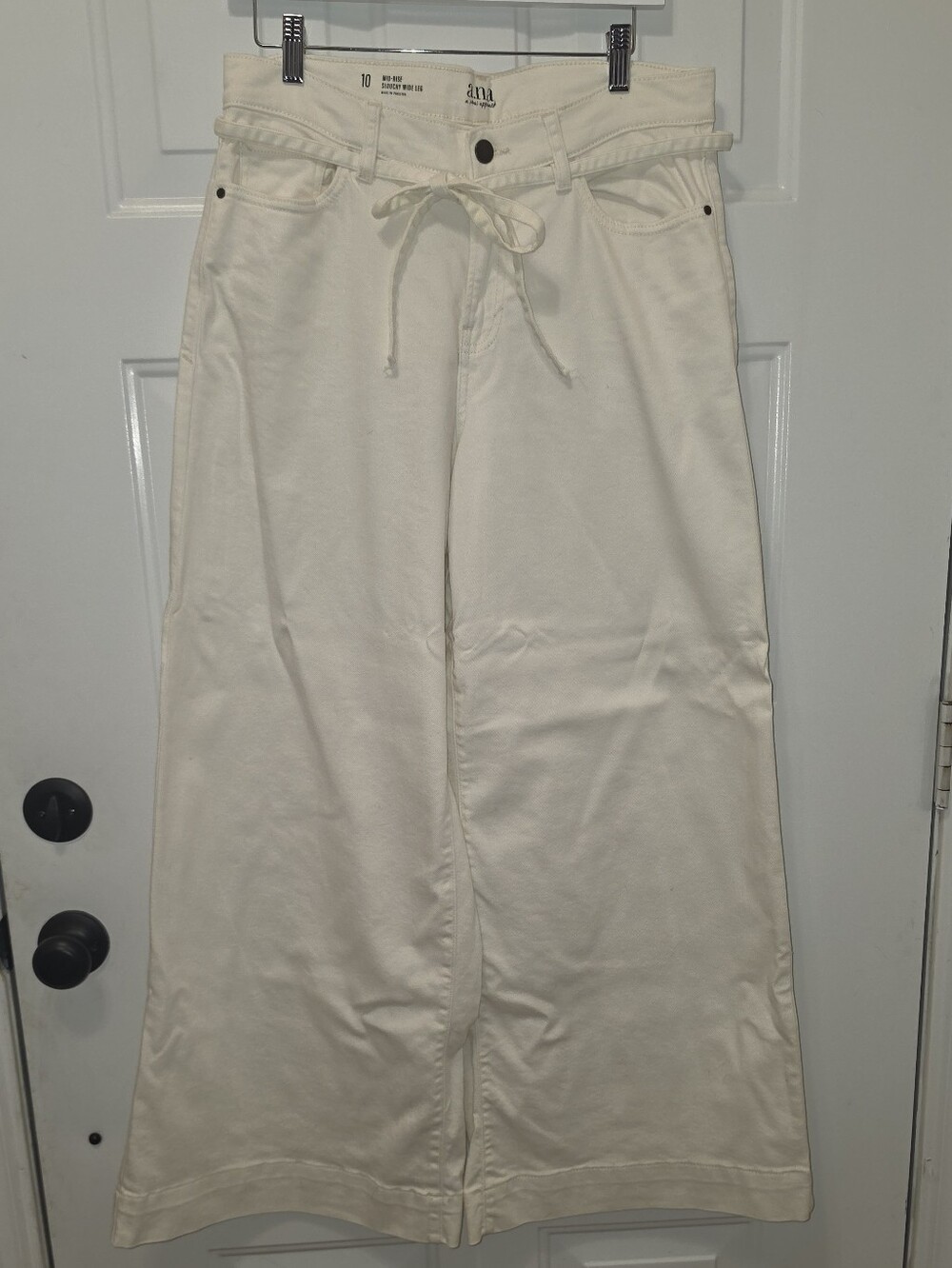 ANA Cream Wide Leg Tie Waist Pants Size 10 Mid Rise Slouchy Wide Leg - Picture 2 of 5